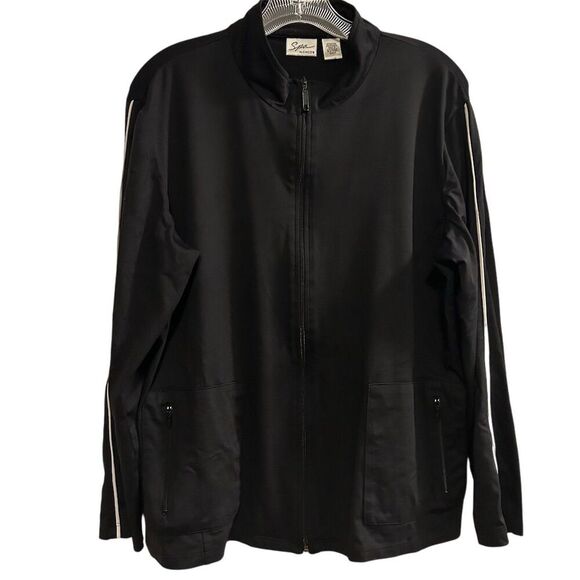 Spa by Chico's Women's Black Jacket Size 2 with White Piping Casual - Picture 1 of 12